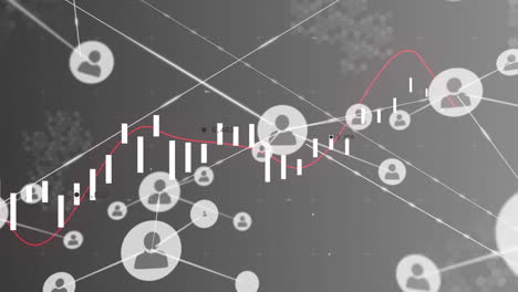 animación de línea con procesamiento de datos financieros a través de una red de conexiones con iconos