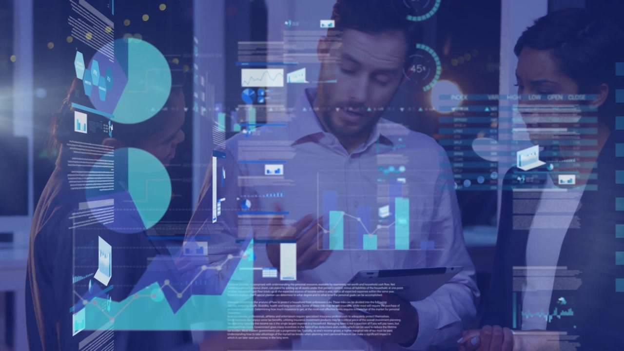 Animation of data processing over diverse business people using tablet