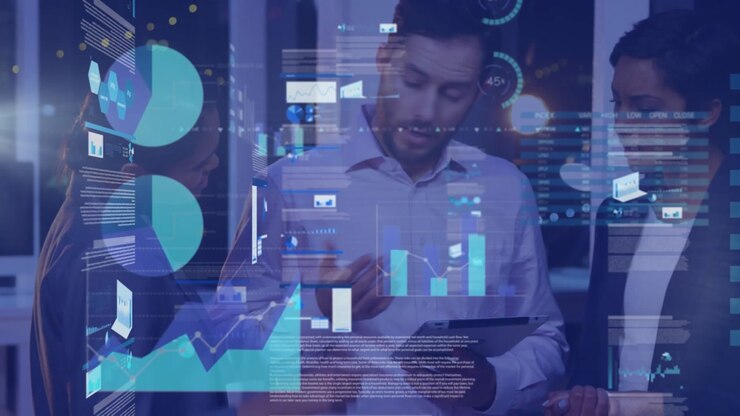 Animation of data processing over diverse business people using tablet