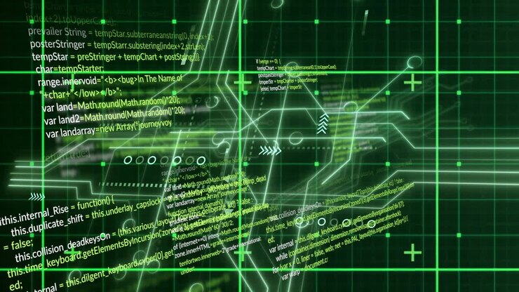 Animation of binary coding and data processing on black background