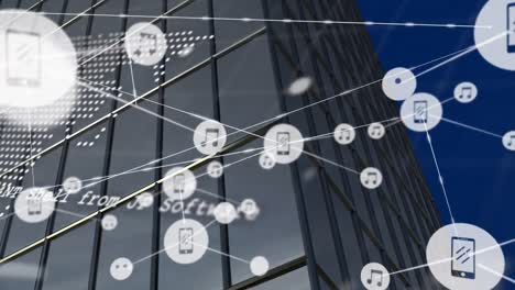 animation of network of connections with icons over modern office building