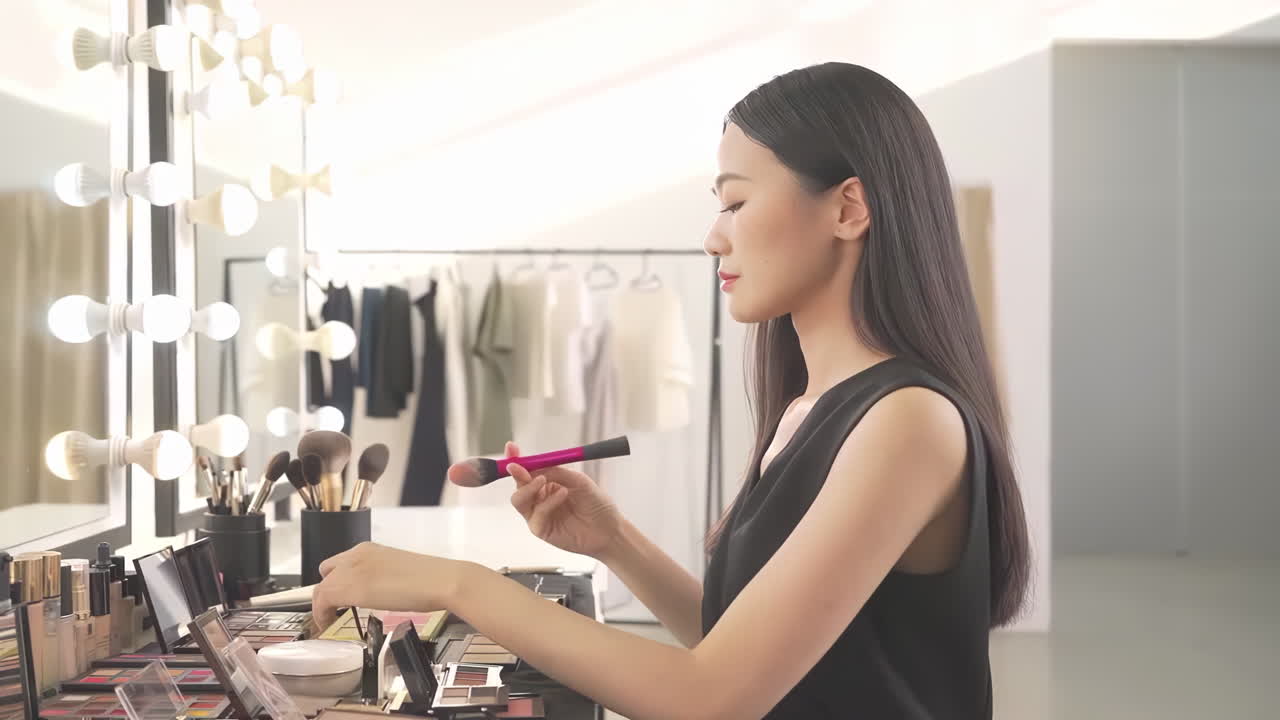 Professional model young woman, girl makeup face by applying brush for eyes on eyebrow, eyeshadow looking at the mirror at home