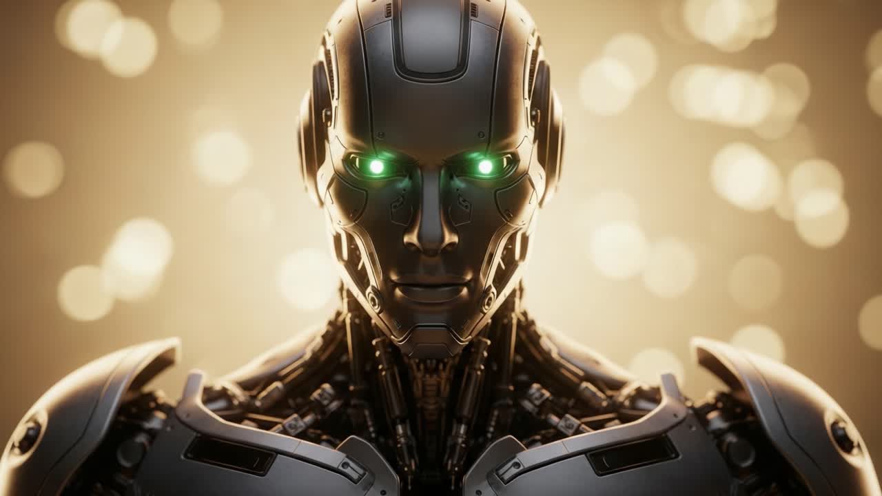 A futuristic robotic figure with glowing green eyes stands against a backdrop of shimmering lights, representing the intersection of technology and humanity in a visually captivating manner.