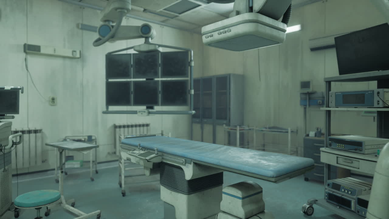 Abandoned and destroyed hospital room with medical equipment in disrepair