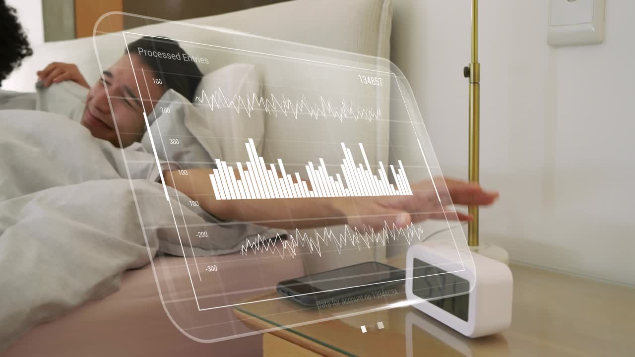Man waking to alarm and reaching bedside, checking AR biometric sleep charts near stacked phone