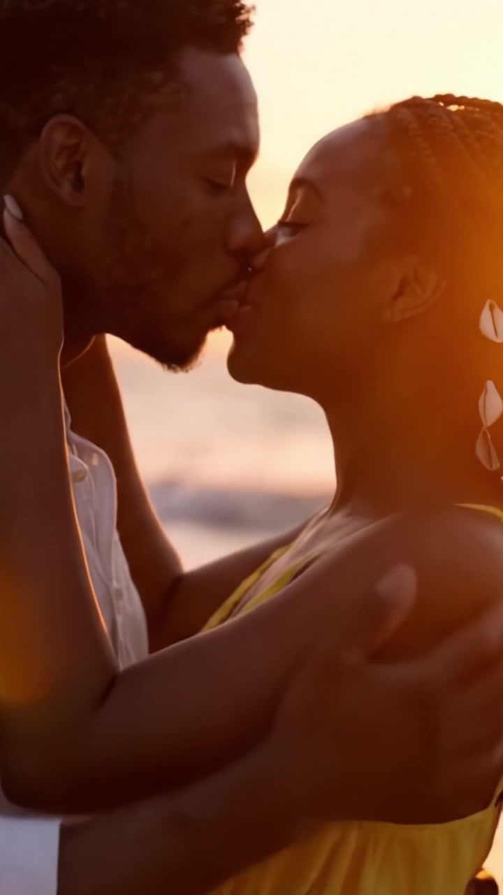 Romantic Sunset Embrace: A Joyful Connection Between Two Lovers Captured in a Serene Beach Setting with Glowing Sunset Background