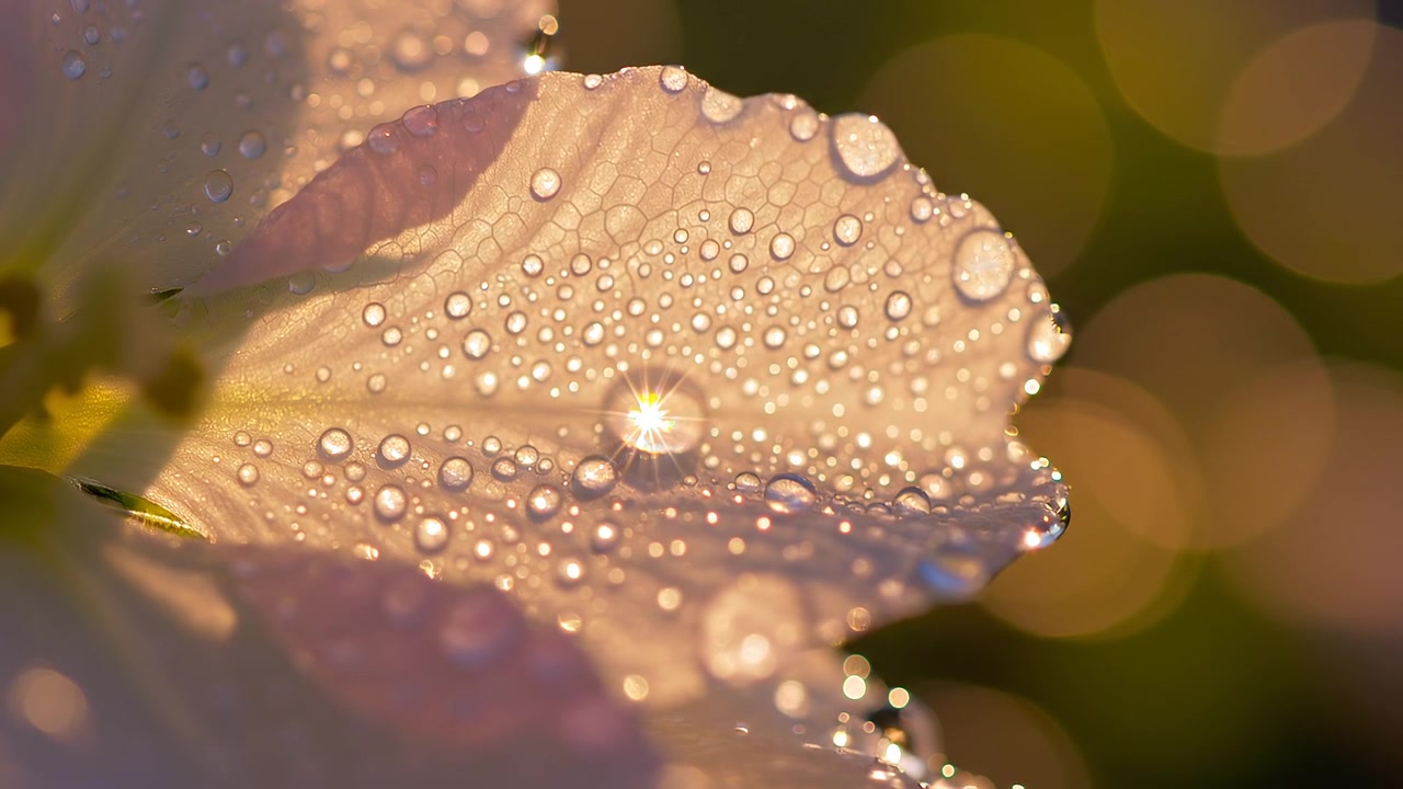Goccioline d'acqua scintillanti su petalo di fiore alla luce dorata del sole, macro