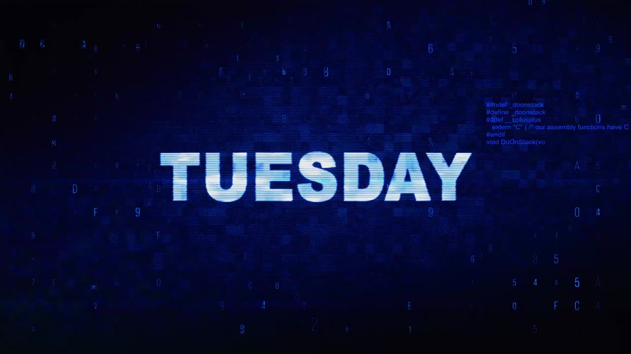 Tuesday text digital noise twitch and glitch effect tv screen loop animation background login and