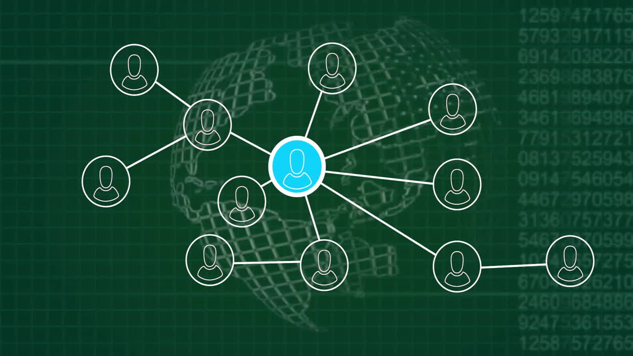 Animation of network of connections with icons over globe with data processing on green background