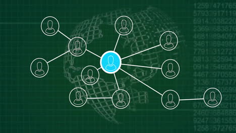 animation of network of connections with icons over globe with data processing on green background