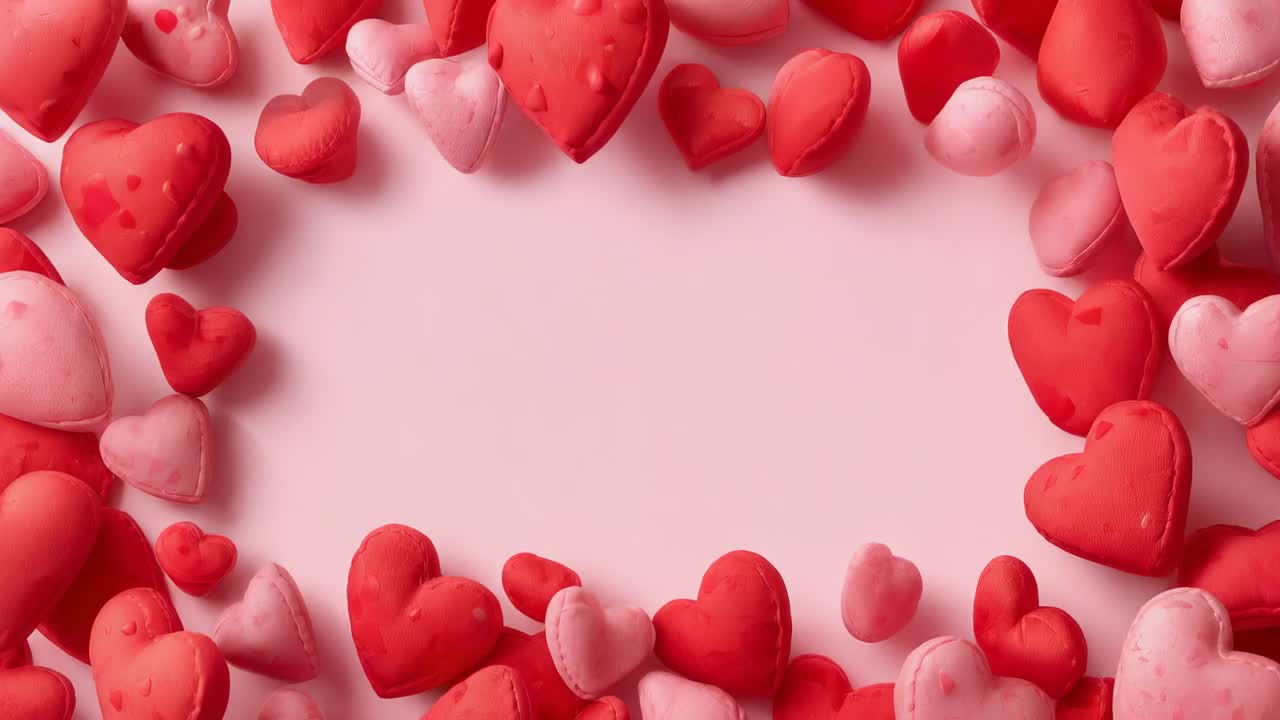 Cuore-bordo che si sposta leggermente verso l'interno su un tavolo rosa pallido, riempiendo il centro vuoto con cuori