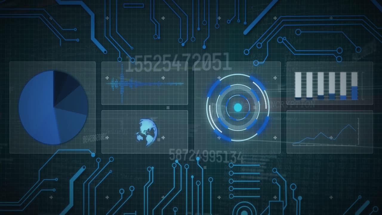 Animation of scope scanning and data processing on screens over computer circuit board