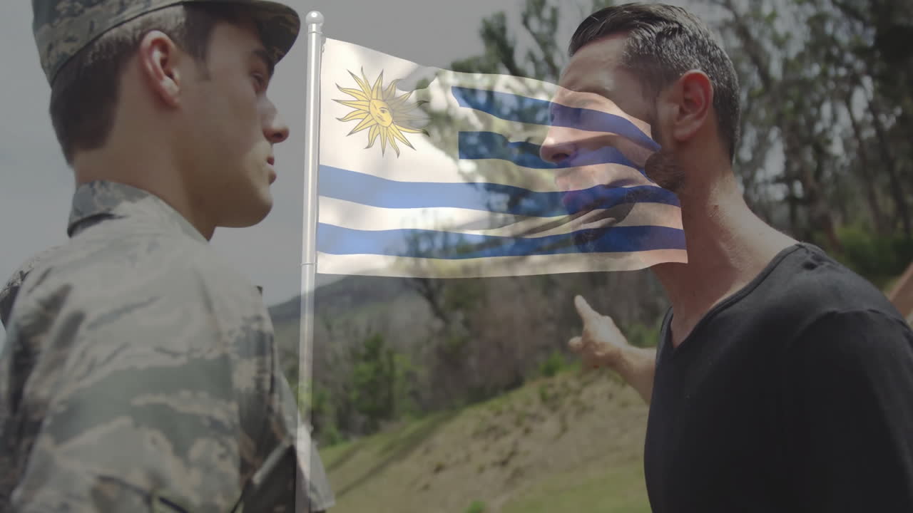 Military officer and civilian with Uruguay flag animation in outdoor setting