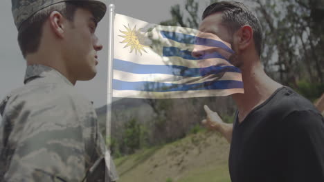 military officer and civilian with uruguay flag animation in outdoor setting