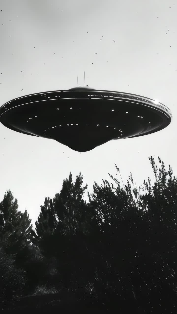 Black and white video still of a UFO hovering above trees, captured from a low angle