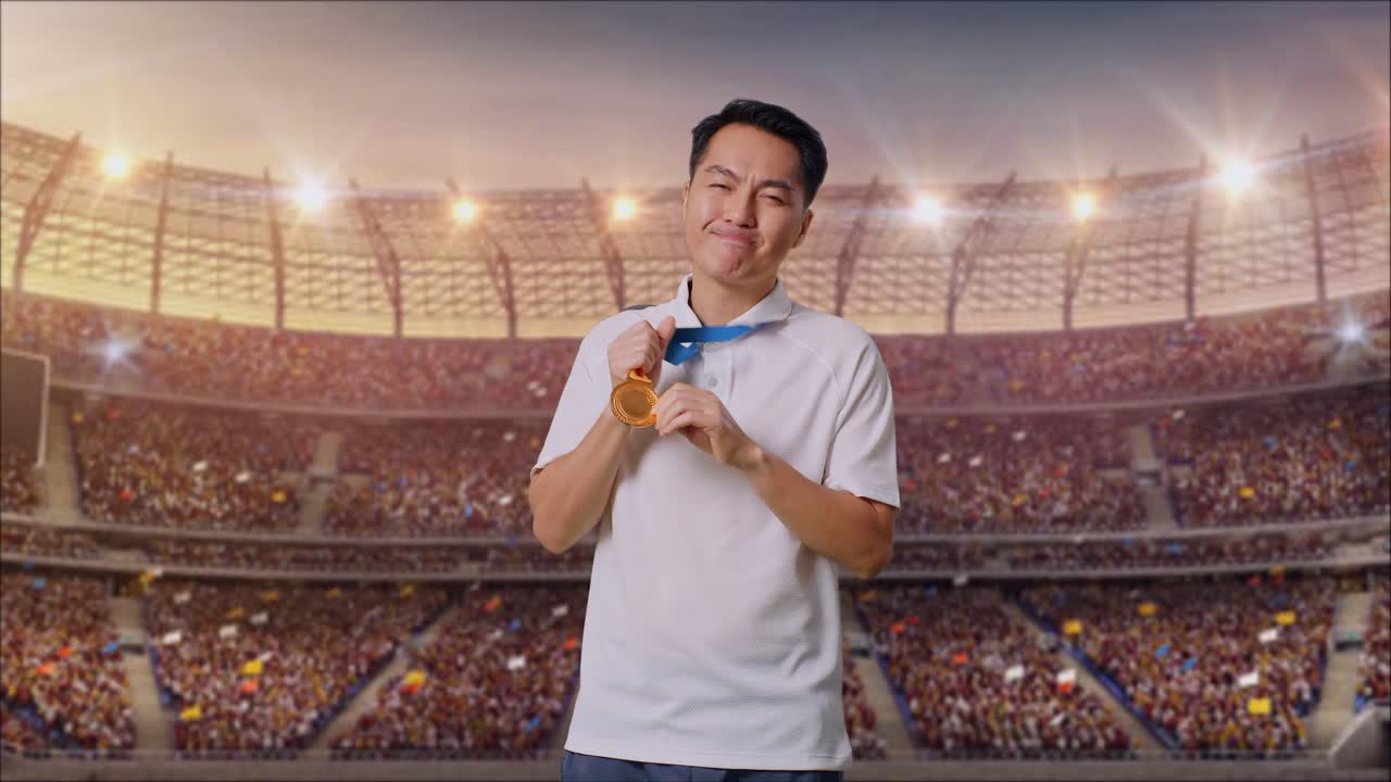 아시안 남자가 손에 금메달을 키스하며 경기장에서 첫 번째 우승자로 자랑스러워합니다.