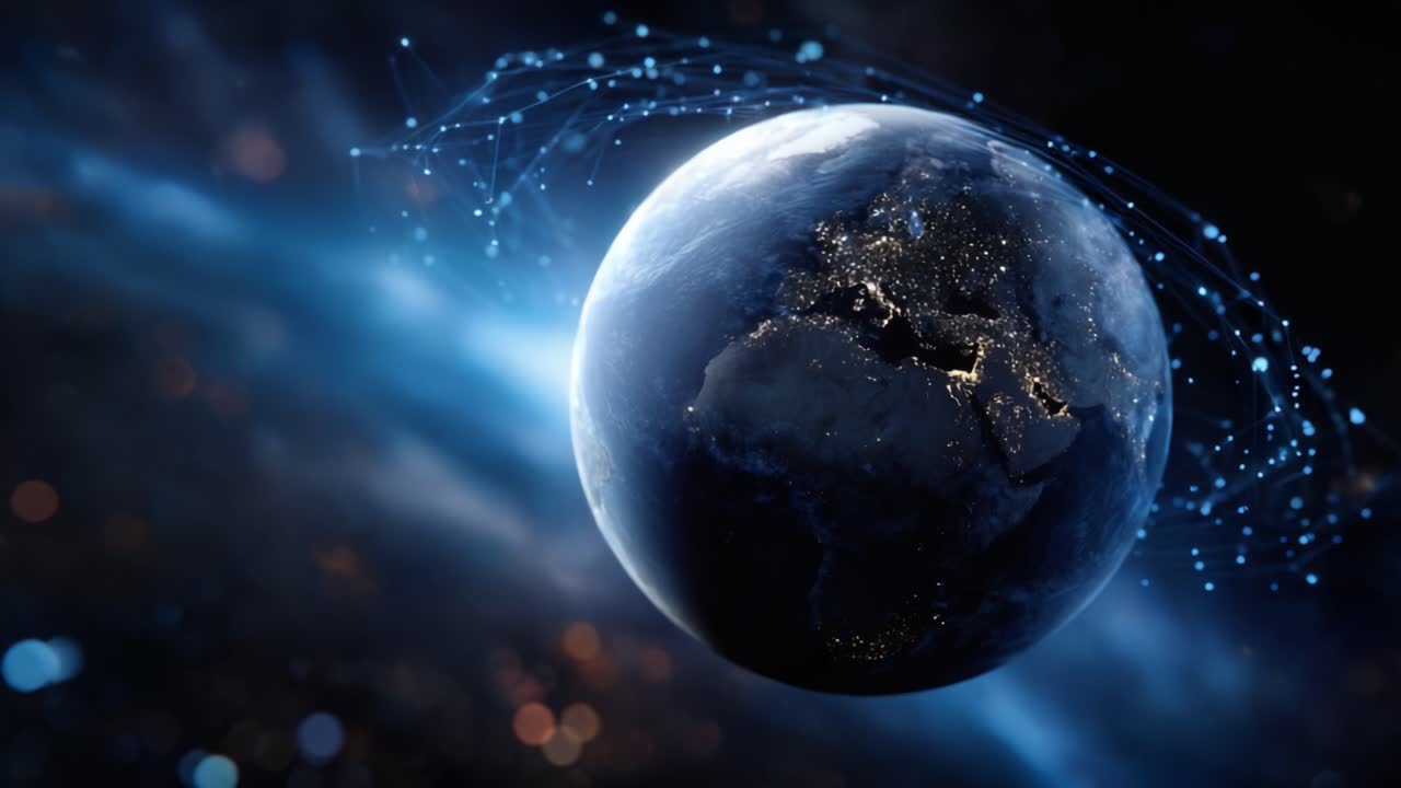 Una vista mozzafiato della Terra illuminata dalle luci della città di notte con uno splendido sfondo stellato e connessioni digitali che evidenziano la tecnologia e la comunicazione globali