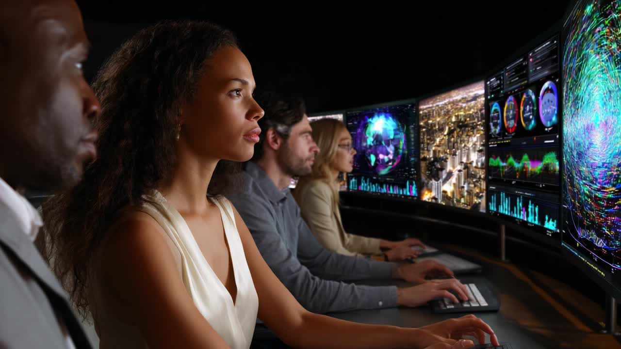 A Diverse Group of Professionals Collaborating in a High-Tech Workspace, Analyzing Data Visualizations on Multiple Monitors in an Immersive Digital Environment, Focused and Engaged in Their Work