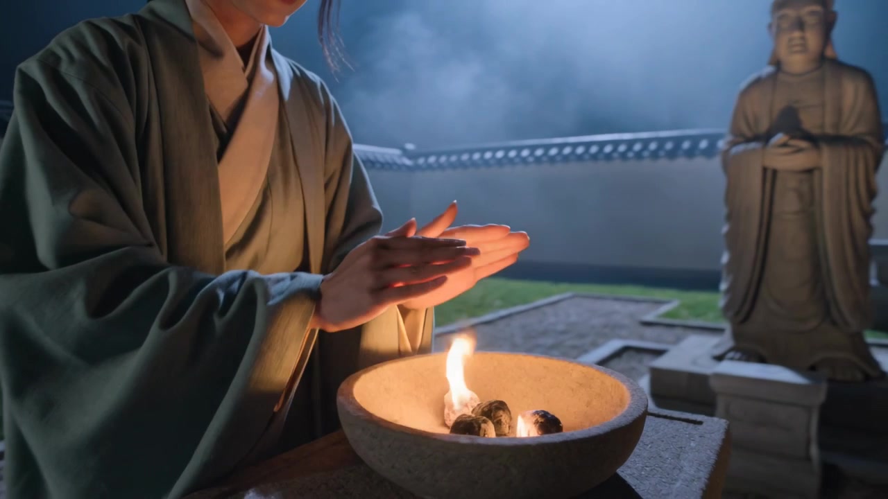 Feeling cold, Asian woman wearing green robe rubbing hands over basin embers in temple courtyard