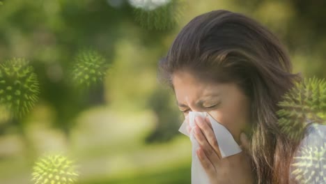 Woman-suffering-from-sneezing-and-bacteria-infection-cells-4k