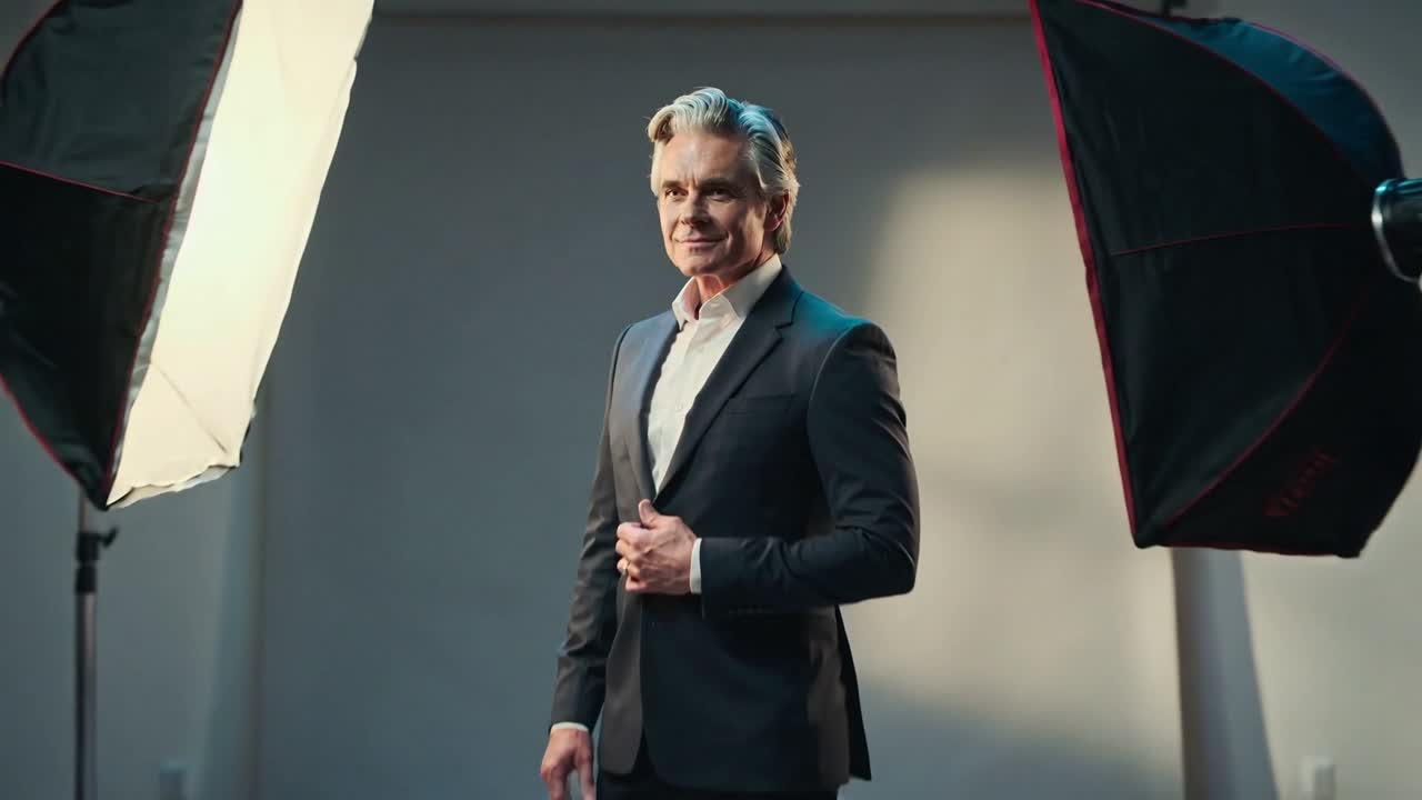 Video verticale: la telecamera zooma, un modello uomo in posa mentre la troupe modella il softbox per un ritratto.