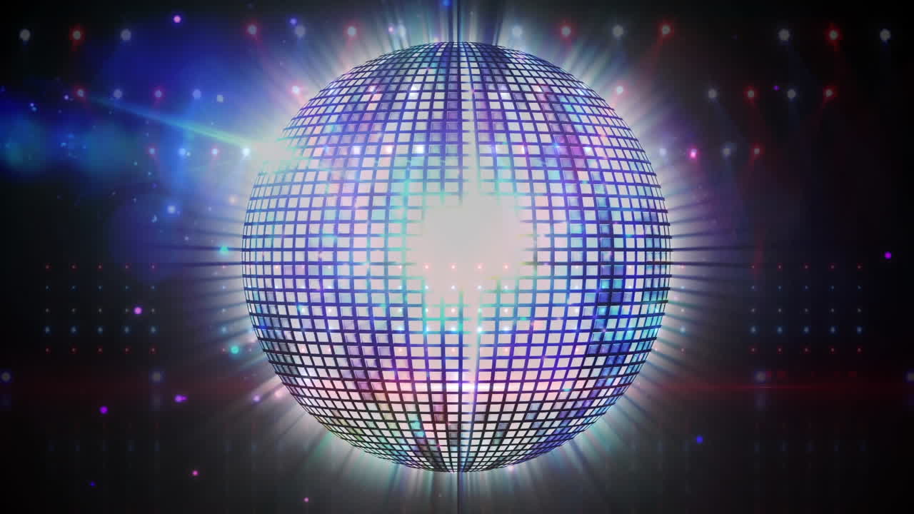 animación de manchas de luz sobre una bola de discoteca brillante giratoria contra un fondo azul.
