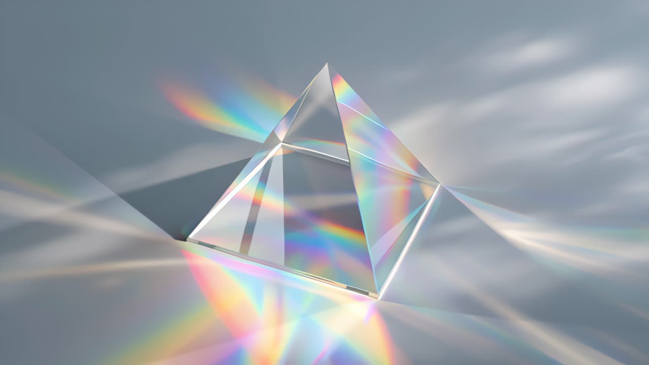 Elegant glass prism dispersing a beam of light into a vivid rainbow spectrum on a smooth gray surface, creating abstract reflections and refractions for modern creative projects
