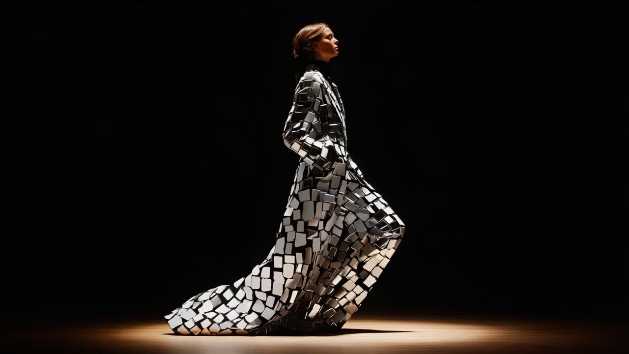 A Striking Fashion Display of Modern Couture in a Darkened Environment Showcasing Innovative Textiles and Avant-Garde Design, Highlighting the Elegance of the Model and Unique Style Choices