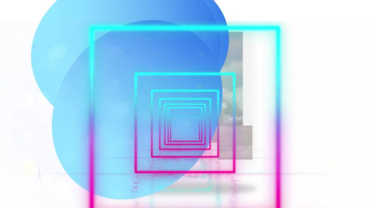 Animation of pink and blue neon squares moving over blue abstract shapes on white background