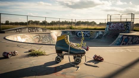 abandoned skate park scene featuring a single roller skate and overgrown vegetation amidst a graffiti-embellished concrete bowl