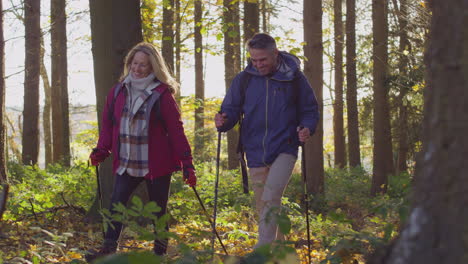 mature couple walking through fall or winter countryside using hiking poles - shot in slow motion