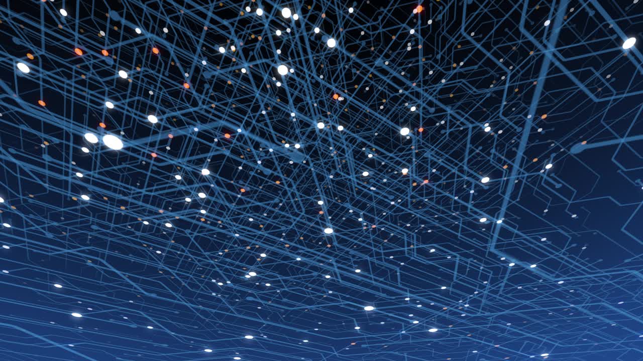 4k bucle sin costuras de tecnología de circuitos impresos concepto cibernético y futurista. placa de circuitos con electrones en movimiento. procesamiento de datos de cpu. animación de datos de pantalla de tecnología futurística hud.