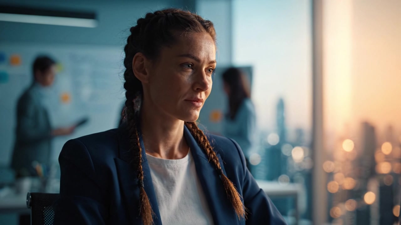 Focused Professional Woman Working in a Modern Office Environment During Sunset, Displaying Concentration and Determination in Her Expression and Attitude