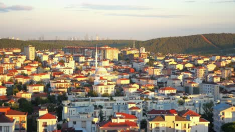 aerial view of a city with a mosque