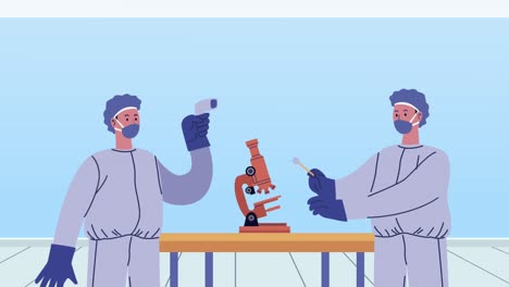 scientifics with microscope in laboratory animation
