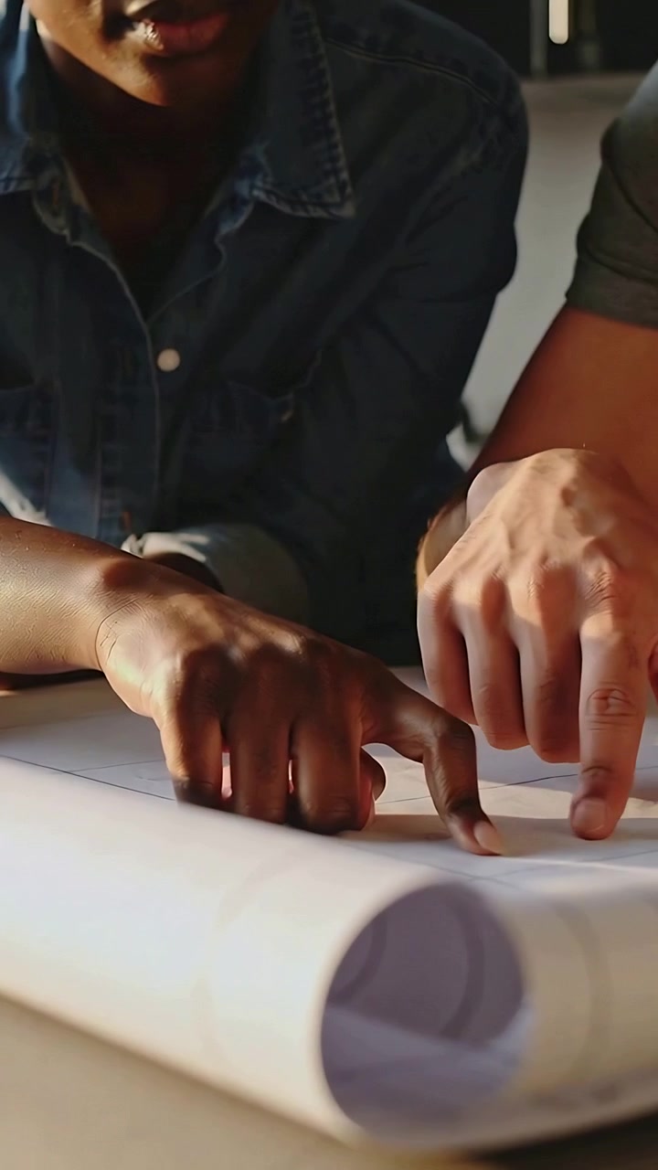 Vertical video: Placing fingers, colleagues tracing plans at table checking, one wearing denim