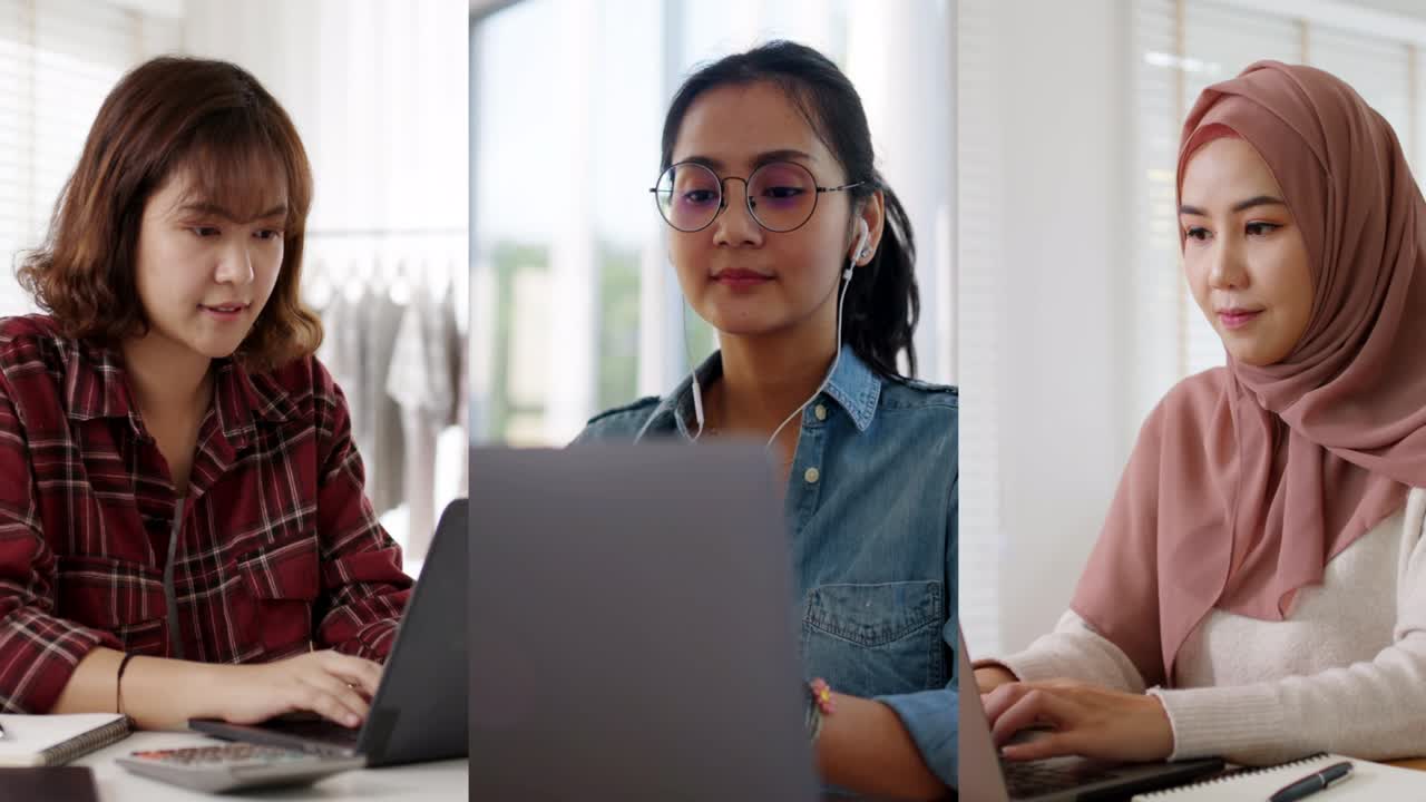 Composite video diverse multi-ethnic young women working online