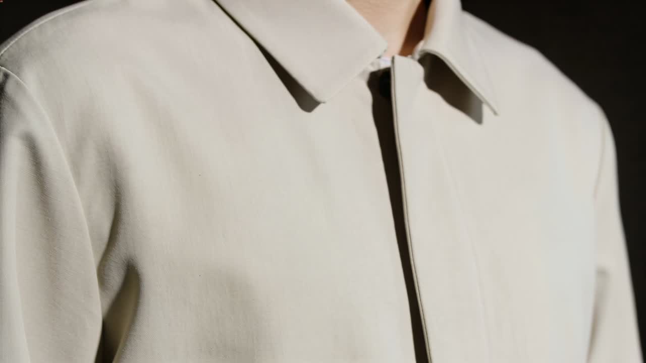 Modello uomo che compie sottili rotazioni del busto con la telecamera che si sposta leggermente, l'illuminazione che mostra il colletto per la moda.