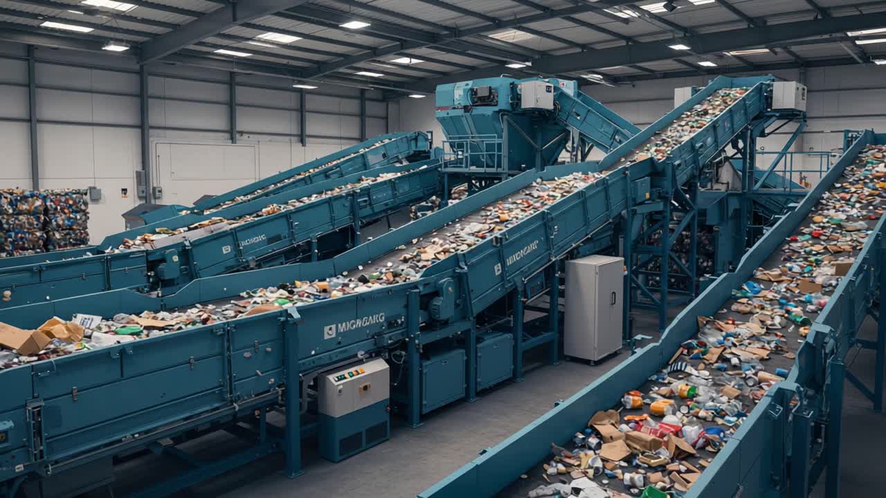 Efficient Waste Processing Facility with Multiple Conveyor Belts Sorting Various Types of Recyclable Materials in an Industrial Setting