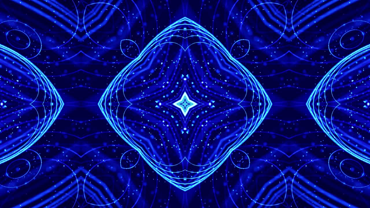 빛의 효과를 가진 4k 루프 사이비 3d 배경: 빛나는 파란색 입자가 라인, 표면, 칼레도스코프와 같은 복잡한 대칭 구조를 형성합니다. 마이크로 월드 또는 나노 테크놀로지의 추상적인 주제