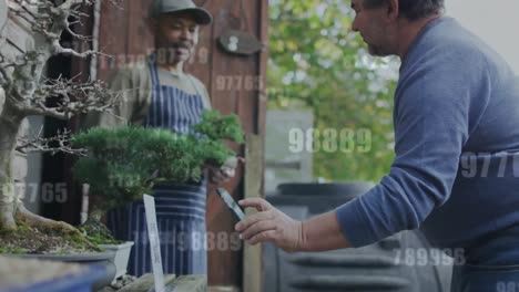 animation of data processing over diverse male colleagues using smartphone at plant nursery