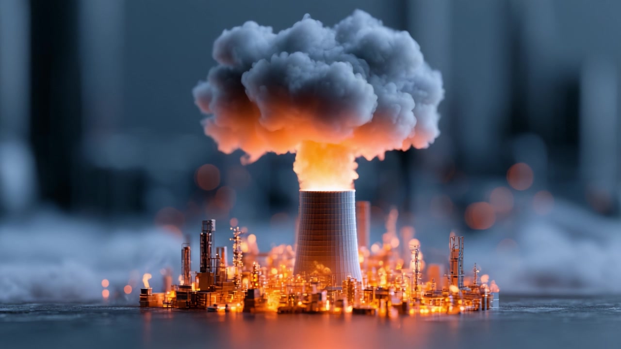 Immagine suggestiva di una scena industriale in miniatura con fumo imponente ed emissioni infuocate, che cattura l'essenza dell'inquinamento urbano e delle preoccupazioni ambientali