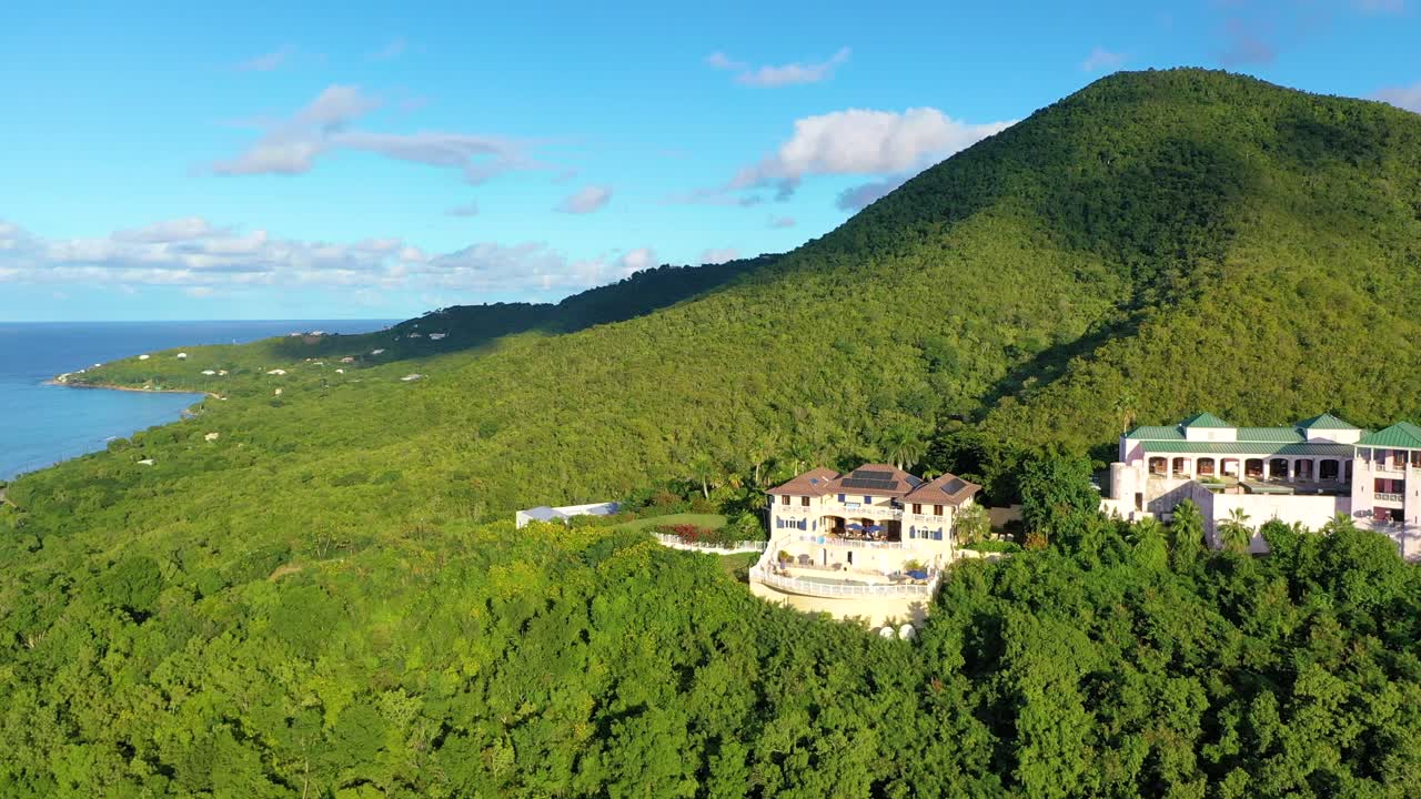 Flying above St. Croix, USVI, this aerial view captures high-end vacation homes nestled in a rich green forest along the bright Caribbean coast under radiant midday sun