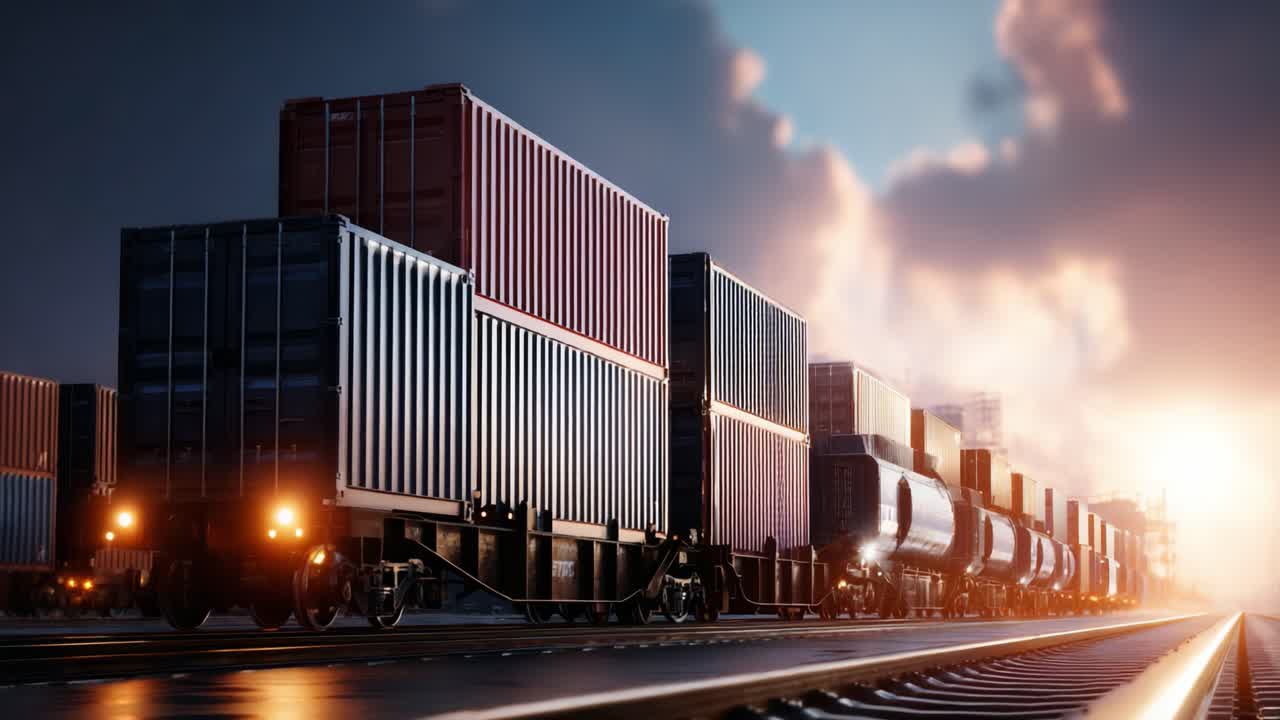 En fantastisk utsikt over godsvogner lastet med lasteskipcontainere midt i en dramatisk solnedgangshimmel, som understreker kraften og effektiviteten i jernbanetransport