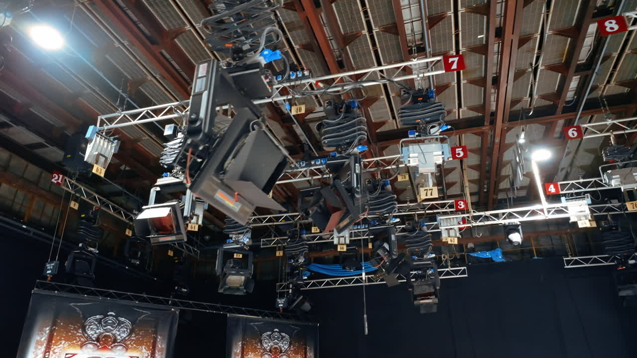 Studio lights equipment on the ceiling of a TV set