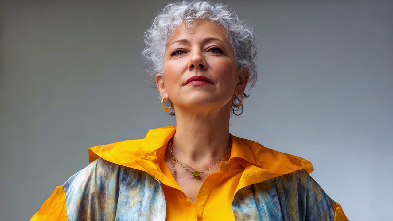 Donna sicura di sé con un outfit colorato che esprime personalità, capelli ricci e posa elegante, che sottolinea l'emancipazione e l'individualità attraverso lo stile