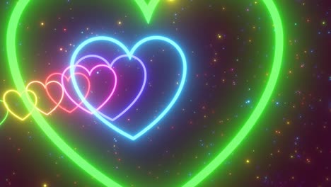 volando a través de curvas amor corazón túnel formas brillan arco iris chispas - 4k sin costuras vj bucle movimiento animación de fondo