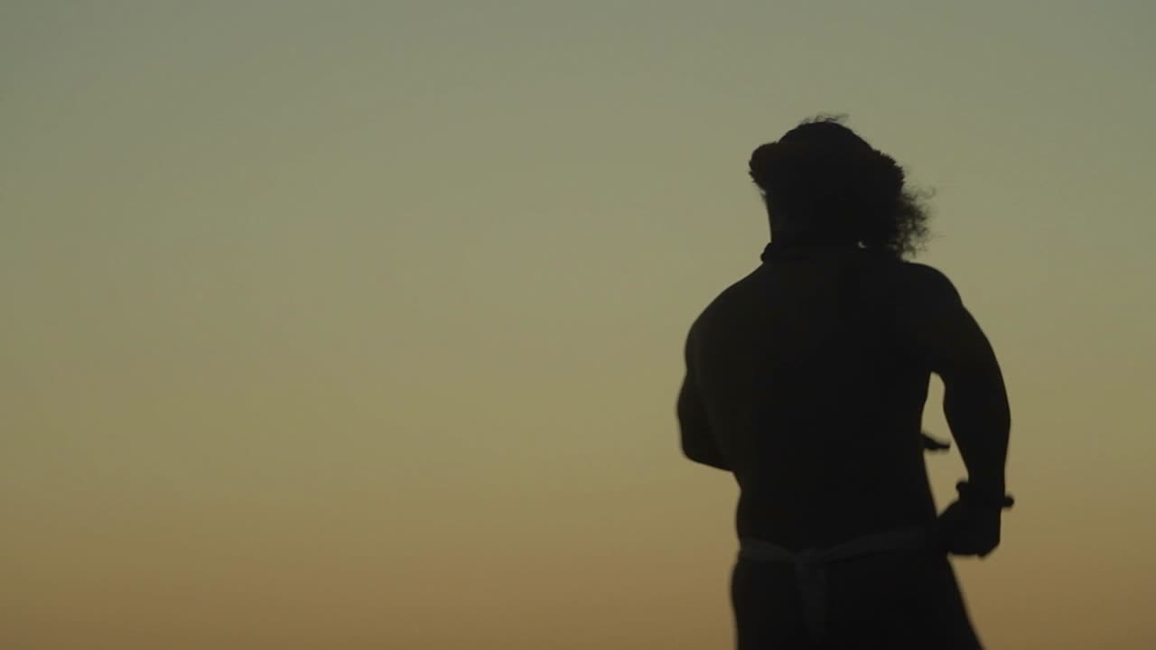 hermoso baile hawaiano contra la puesta de sol