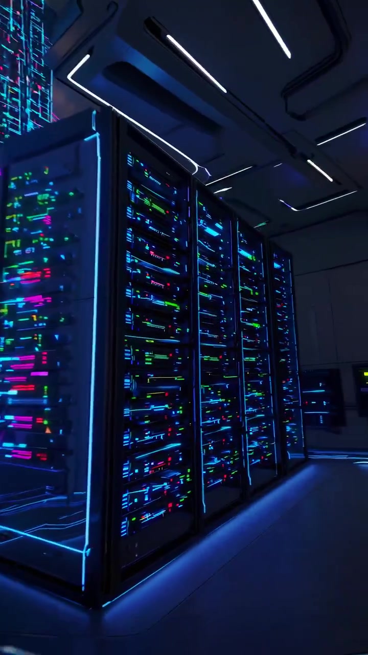 Futuristic Data Center Server Room with Holographic Interface