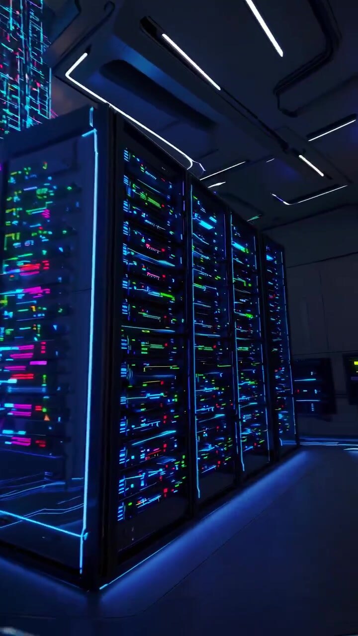 Futuristic Data Center Server Room with Holographic Interface